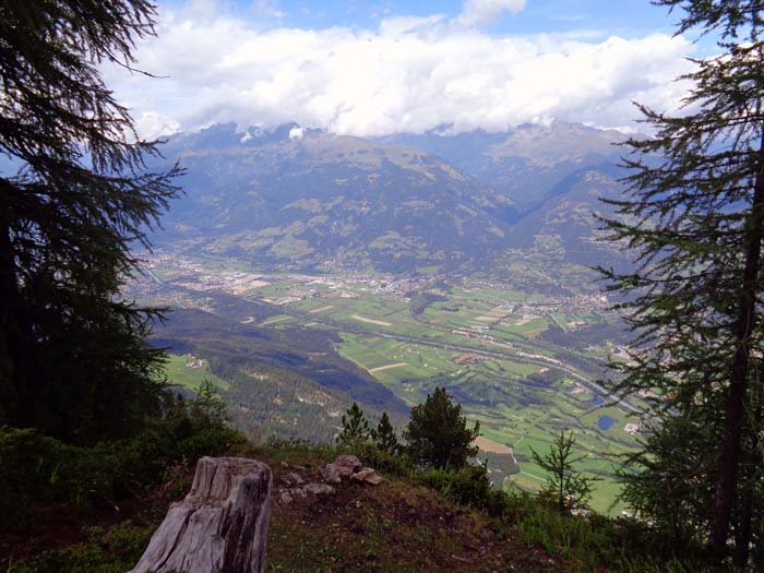 in wenigen Minuten kann man vom Sattel die Abbruchkante am dicht bewaldeten Lavanter Kolm erwandern, Blick übers Lienzer Becken gegen NNW auf die leider wolkenverhangene Schobergruppe