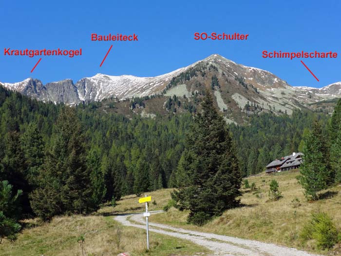 Grafenhütte mit Bauleiteck, die Rudolf-Schober-Hütte ca. in Bildmitte im Wald versteckt