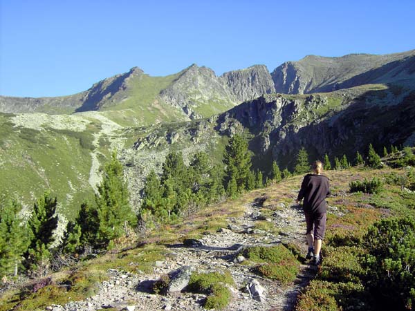 gemütlicher Anstieg oberhalb des versteckten Unteren Wildenkarsees; links der Krautgartkogel mit dem Verbindungsgrat zum Bauleiteck