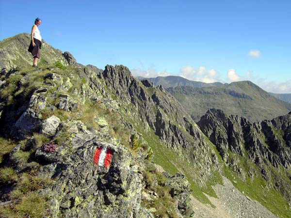 Blick v. S auf den Bauleiteck O-Grat, laut AV-Führer eine  sehr lohnende und ausgesetzte Tour im 3. Schwierigkeitsgrad; oft sind solche Angaben mit Vorsicht zu genießen: So manche früher beliebte Kletterroute wirkt heute wegen Brüchigkeit und steiler Graspassagen eher abschreckend