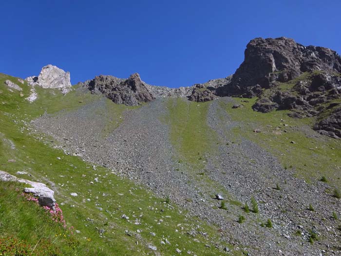 dieselben drei Gipfel von der Bergstation des Blauspitzliftes, finaler Zustieg in weitem Bogen durchs Kar ... dieselben drei Gipfel von der Bergstation des Blauspitzliftes, finaler Zustieg in weitem Bogen durchs Kar ...
