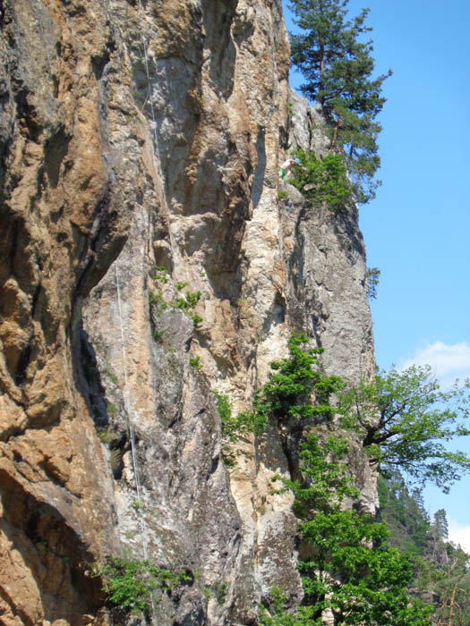 im linken Wandteil ziehen etliche Mehrseillängenrouten paralell zur athletischen „Luft unter den Sohlen“ - Ferrata zum höchsten Punkt