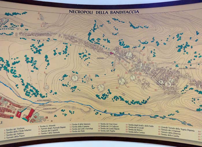 Karte der Nekropole von Cerveteri; der Eingang befindet sich etwa in Bildmitte, links unten die neuzeitliche Stadt