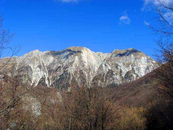 der Cjampon von SW, von der Auffahrt zur Malga Cuarnan; wir besteigen den Hauptgipfel (rechts)