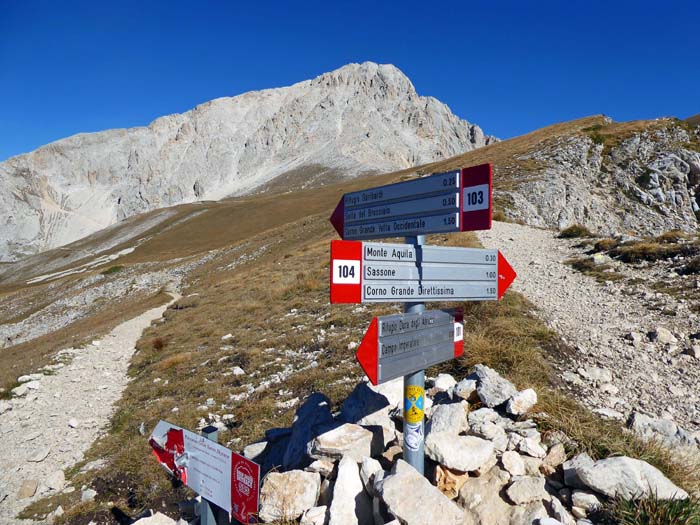 die Weggabelung an der Sella: links hinüber zum Corno-Grande-Normalweg, rechts auf den Aquila bzw. zur „Direttissima“ (genaue Bildmitte)