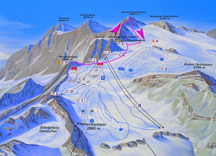 ... und besteigen den Hohen Dachstein von der NO-Seite über Hallstätter Gletscher, Schulter- und Randkluftanstieg (B)