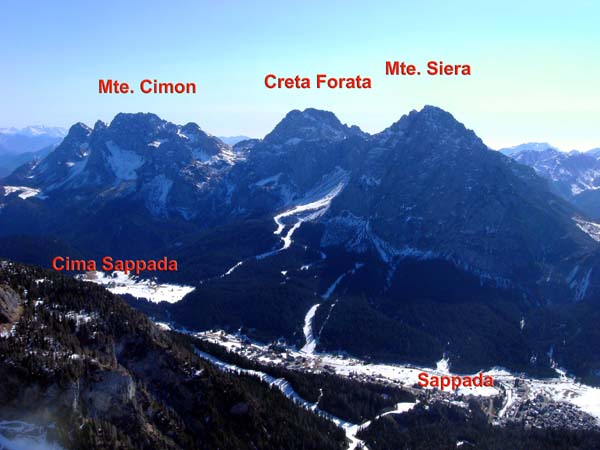 nach steilen Wiesenhängen mit einer heikleren Stelle stehen wir am Gipfel; Blick nach SO auf die langgestreckte Ortschaft Sappada