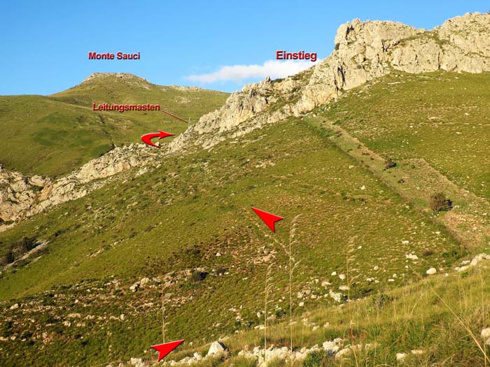 etwa 100 Hm oberhalb des Parkplatzes zweigt man vom Wanderweg auf kargen Steigspuren links ab gegen die Schwachstelle im Felsgürtel