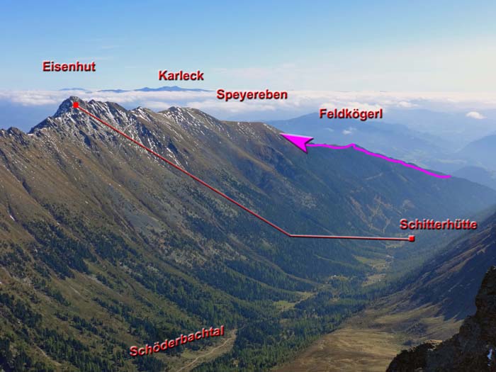 unser Aufstieg zum Eisenhut und die Flugroute nach S gesehen vom Rupprechtseck Nordostgipfel