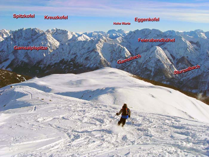 von NW (Abfahrt vom Tullenkogel, s. Archiv Schitouren) wirkt der Feierabendbühel im Gewirr der Lienzer Dolomiten eher unscheinbar