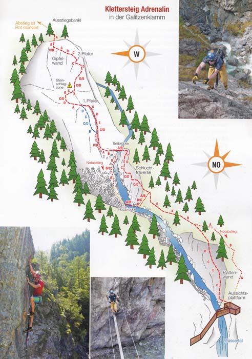 hier beginnt der aufregendste und anspruchsvollste Klettersteig in der Galitzenklamm: „Adrenalin“ gliedert sich in drei Etappen