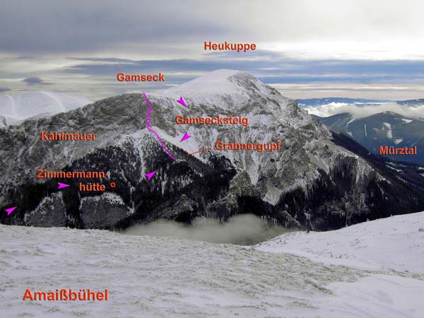 die höchste Erhebung der Rax von NW (Amaißbühel, Schneealpe); die Linie bezeichnet unseren Aufstieg übers „Wilde Gamseck“