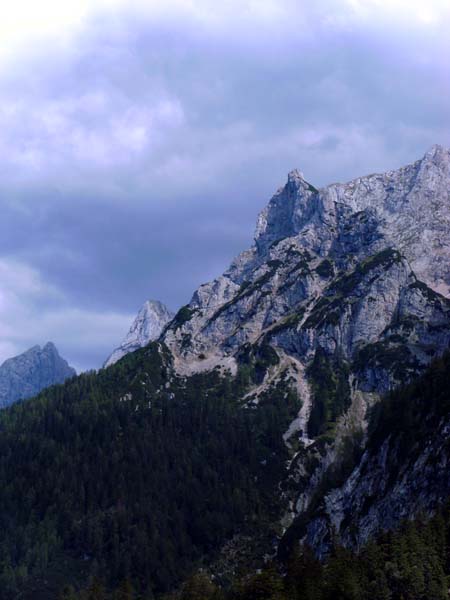 Gamskarköpfl v.NW (Bettlersteig); den Einstieg zum Kufsteiner Klettersteig erreicht man vom kleinen Schuttfeld in Bildmitte (Kühkarl) über den Latschensporn nach links aufwärts