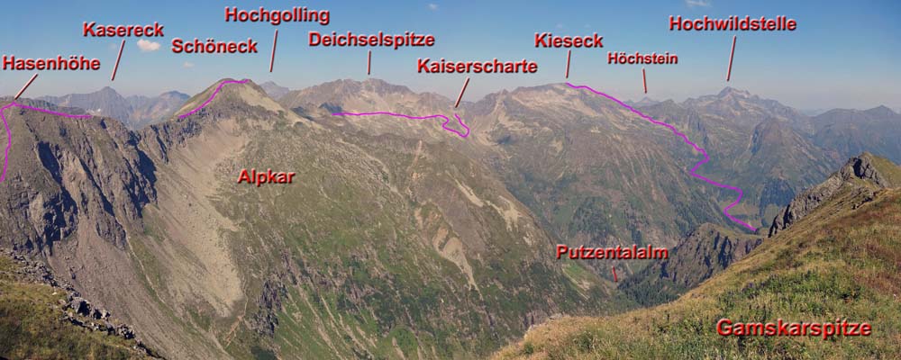 der Hauptkamm der Schladminger Tauern vom ersten heutigen Gipfel gegen NW mit den sichtbaren Teilen unserer Rundtour