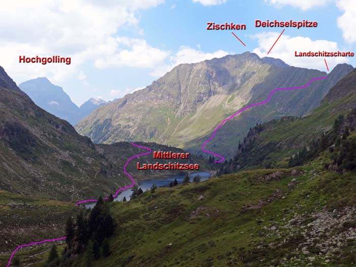 der Mittlere See mit dem Wiederaufstieg zur Landschitzscharte