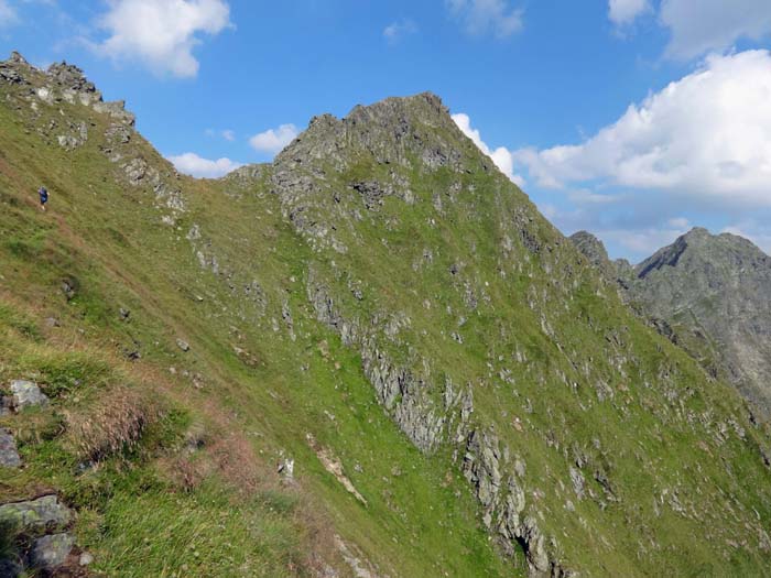 als bequemen Wanderweg sollte man sich den Aufstieg zur Scharte nicht vorstellen; vereinzelt aus dem Steilgras hervorstechende Steine sind zwar rot markiert, ...