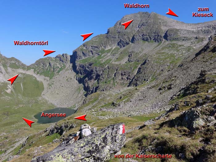 hoch über dem Zwerfenbergsee zum Angersee und übers Waldhorn aufs Kieseck, bis zum Waldhorn bezeichnet