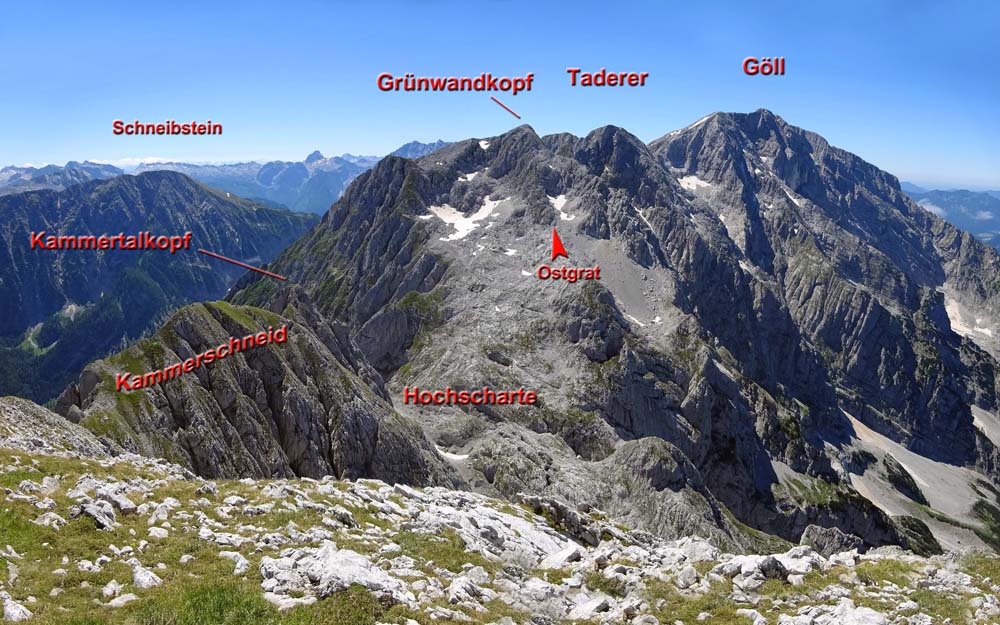 vom Hinteren Freieck überblicken wir den weiteren Verlauf der Tour; die schwierigsten Etappen erwarten uns am Übergang Kammerschneid - Kammertalkopf sowie beim Abstieg vom Taderer in Richtung Göll