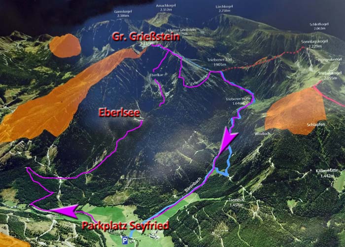 der Plan von der Nordseite des Grießstein mit unserer Runde stammt von einer der im Triebental angebrachten Infotafeln für Schitourengeher; die orangen Flecken bezeichnen Schutzzonen, die nicht befahren werden sollten