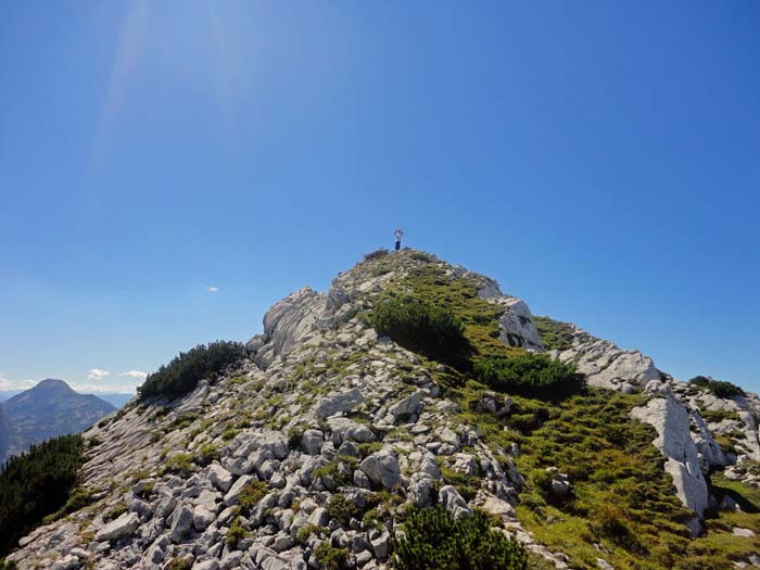 der zahmste seiner Gattung: der Hintere Hetzaukogel. Zahm aber nur dann, wenn man den Abstieg nach S kennt; die verlockende Schrofenflanke vor dem Gipfel links hinab mündet in senkrechte Felsen, Abstieg hier ohne Seil nicht ratsam. Viel besser hinterm Gipfel den SW-Grat (Richtung Röllsattel) hinunter auf einen flachen Sattel und links überraschend einfach über Platten- und Schrofenrampen in die Scharte vor der Jakobinermütze