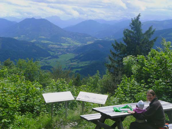 die neuen Infotafeln am Gipfel der Spindeleben entschlüsseln die Berge über dem Becken von Weyer bis hinein ins Gesäuse