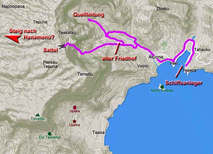 Karte Temetiu; wir sind erstmal irrtümlich in den hintersten Talschluss marschiert, wo ein weiteres Vordringen schon aufgrund der Vegetation kaum möglich ist; mit einem geländegängigen Fahrzeug könnte man bis oberhalb des Alten Friedhofs auffahren - hier beginnt ein ganz passabler Steig durch die teils steile, rutschige Dschungelflanke hinauf zum Kamm (stellenweise verwachsen, Fixseile); über die Fortsetzung des Pfades nach Hanamenu an der Nordwestküste bzw. zum Gipfel des Temetiu konnten wir nichts in Erfahrung bringen