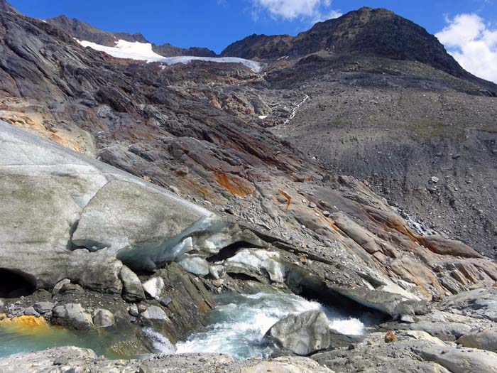in den letzten 100 Jahren haben sich die ursprünglichen Werte unserer Alpengletscher um mehr als 50 % vermindert, Tendenz stark steigend - unsere Gletscher rinnen durch die Klimaerwärmung buchstäblich den Bach hinab in den letzten 100 Jahren haben sich die ursprünglichen Werte unserer Alpengletscher um mehr als 50 % vermindert, Tendenz stark steigend - unsere Gletscher rinnen durch die Klimaerwärmung buchstäblich den Bach hinab