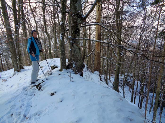 ... auf den Hauptgipfel des Hochreiterkogel; das kleine Metallkreuz liegt schon 500 m über dem Talboden