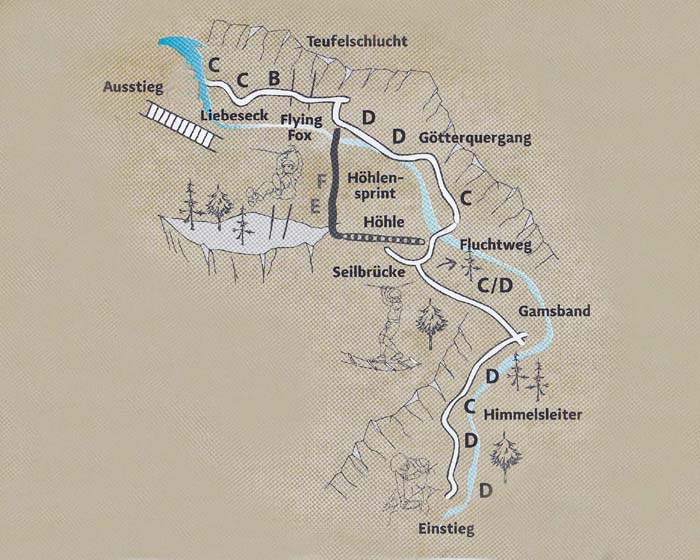 Topo Klettersteig; die topographischen Gegebenheiten sind nicht korrekt unterlegt, der Klammbach fließt generell links (östlich) unterhalb des Klettersteigs, auch der Einstieg im unteren Klammteil ist rechts des Baches - korrekt sind nur die Abfolgen der Passagen und deren Schwierigkeiten