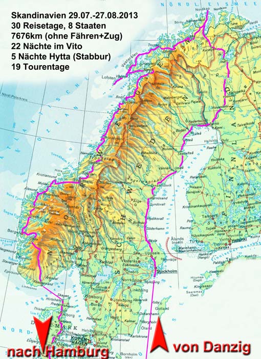 Reiseroute; die zurückgelegte Strecke entspricht etwa der Entfernung Alaska-Honduras