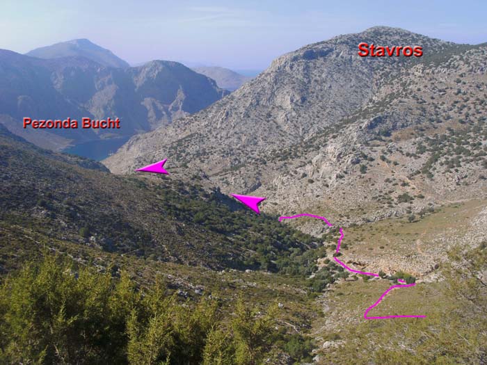 Blick vom Stavroui-Sattel gegen NW. Wichtig für den Abstieg: vom kleinen Platz bei den ersten Bäumen nur kurz der beginnenden Schluchtmulde folgen und bald rechts hinaus auf deren Begrenzung (Steinmänner und Farbpunkte)