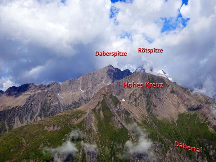 eine halbe Runde ums Hohe Kreuz gegen den Uhrzeigersinn: von SO (Rosenspitze); wir kommen vom ONO-Grat rechts eine halbe Runde ums Hohe Kreuz gegen den Uhrzeigersinn: von SO (Rosenspitze); wir kommen vom ONO-Grat rechts
