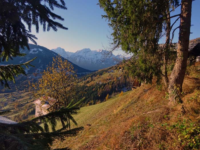 der Zustieg ist ein Spaziergang zwischen den Jahreszeiten; Blick auf den Iselsberg zwischen Kärntner Möll- und Osttiroler Drautal                               
