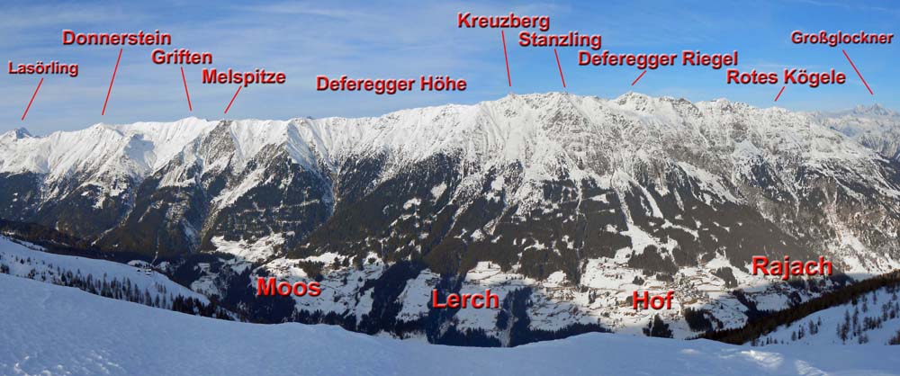 am zweiten Tag der Tour überschreiten wir sämtliche Gipfel des östl. Lasörlingkammes von der Glanzalm (knapp rechts außerhalb des Bildrandes) bis zum Steinkassee auf der Rückseite des Donnerstein; Panorama von S (Zeigerle, s. Archiv Schitouren unter „Gagenhöhe“)