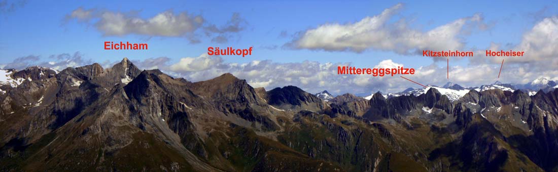 im NO der Frosnitzkamm; ganz hinten ums Kitzsteinhorn sind auch Sonnblick und Granatspitze auszumachen