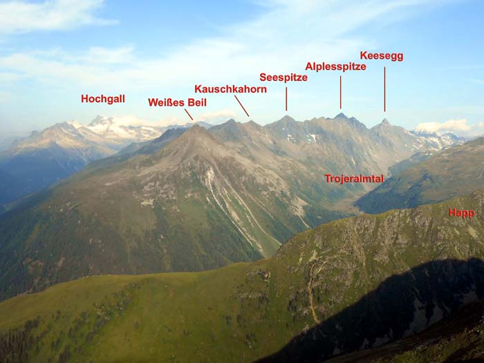 die Aussicht vom Gasser Hörndle gegen W auf den Panargenkamm