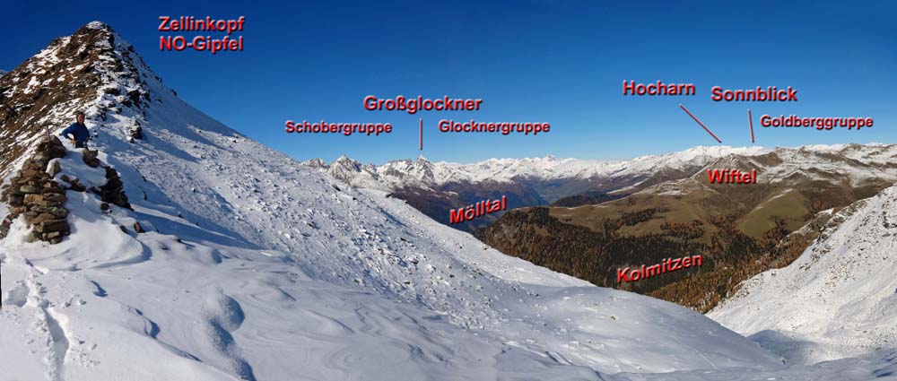 Blick aus dem Sattel vor der Hochnase nach NW; auf der Schattseite ist die Schitourensaison bereits eröffnet