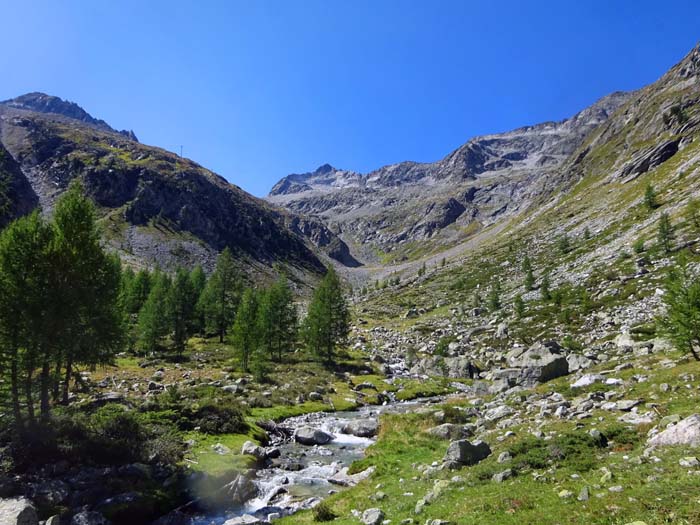 hinter der Station der neu errichteten Materialseilbahn der Talschluss, die Hütte liegt links hinterm grünen Rücken hinter der Station der neu errichteten Materialseilbahn der Talschluss, die Hütte liegt links hinterm grünen Rücken