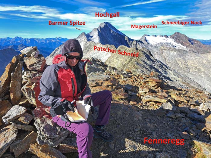 schon auf dem Fenneregg, 3123 m, ist der Blick auf die Nordseite der höchsten Rieserferner überwältigend schon auf dem Fenneregg, 3123 m, ist der Blick auf die Nordseite der höchsten Rieserferner überwältigend