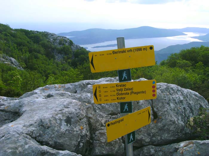 ... werden aber trotz Wegweisers während Erichs Spurt zum Pestingrad nicht fündig; wir haben in Montenegro öfter die Erfahrung gemacht, dass besonders die auf den Tafeln schwarz gepunkteten Wege (technisch schwierig zu begehen)  gleich gar nicht existieren, was u. U. zu brenzligen Situationen führen kann (s. Rumija im Archiv Bergsteigen)