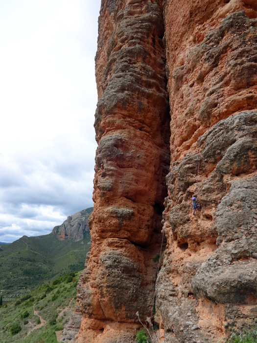 als Kletterer nach Riglos zu kommen und hier nicht zu klettern, geht gar nicht; Ronja versucht im Sektor Volaos ...