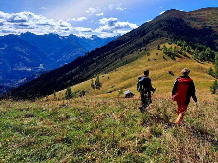 Blick über den Millnatzensattel gegen Südwest auf den Karnischen Hauptkamm: von der Letterspitze links über Monte Peralba bis zum Zwölferspitz; ganz rechts die Riebenkofel-Südostschulter 