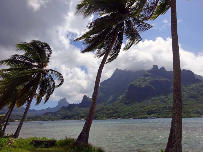 wenige Autominuten entfernt die Cook Bay (benannt nach dem englischen Entdecker) mit dem wolkenverhangenen Rotui (s. Archiv) und dem Mouaroa im Hintergrund