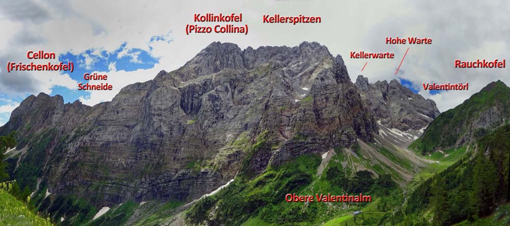 schon von hier unten ein toller Blick auf die Wandfluchten zwischen Plöckenpass und Valentintörl; unter den Kellerspitzen versteckt sich der südlichste Gletscher Österreichs - das Eiskar