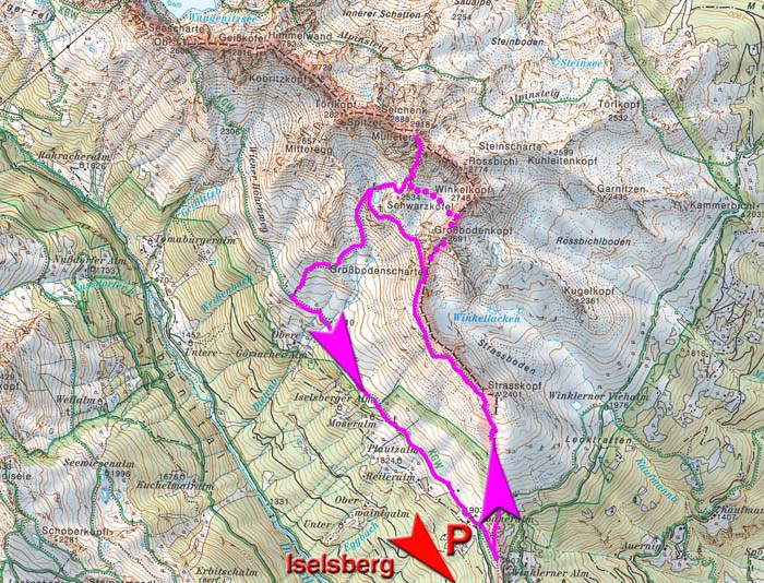 Karte; punktiert die Variante über den Großbodenkopf