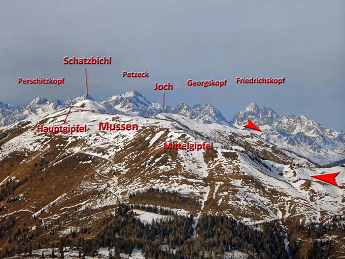 ... und durchs Teleobjektiv von einem höheren Standpunkt (Mauthner Alm) mit den Dreitausendern der Schobergruppe