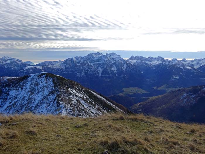 Rückblick auf die Mussenhöhe, gut zu erkennen die dünne Schneise des Wanderwegs; dahinter Lesachtal und Karnischer Hauptkamm mit der Hohen Warte in Bildmitte