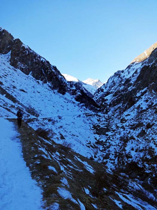 die obere Talsohle ist erreicht, nach wenigen Metern werden wir noch auf der Fahrstraße die Steigeisen anlegen; ganz im Hintergrund die Daberspitze