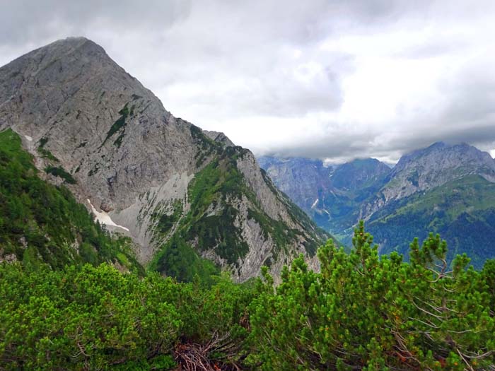 vom knapp 70 m höheren latschenbewachsenen Hauptgipfel sehen wir am Polinik vorbei gegen SW ins wolkenverhangene Valentintal, rechts der Mooskofelkamm über der Mauthner Alm