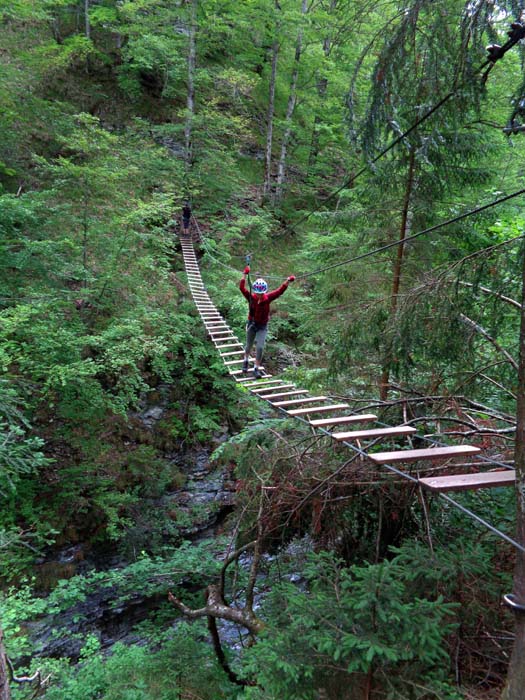 nach zehnminütigem Waldabstieg wagt Ronja die erste von insgesamt sechs Seitenwechseln in der Rußbachschlucht - ...